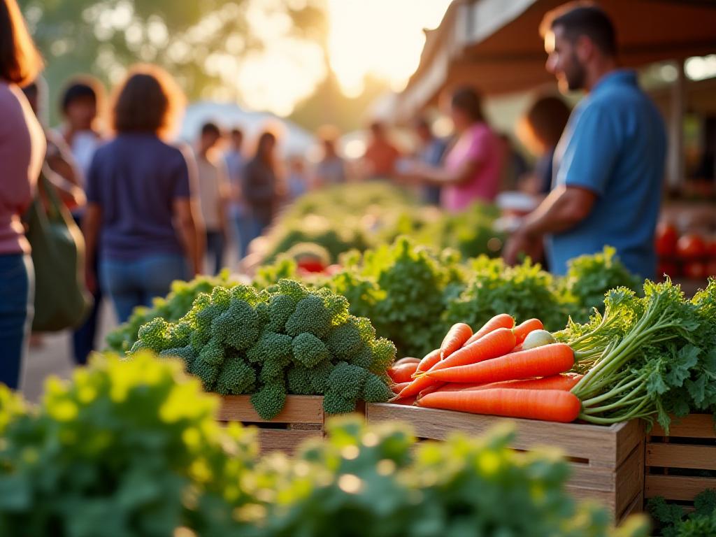 Outdoor local farmers market with fresh vibrant vegetables on wooden crates