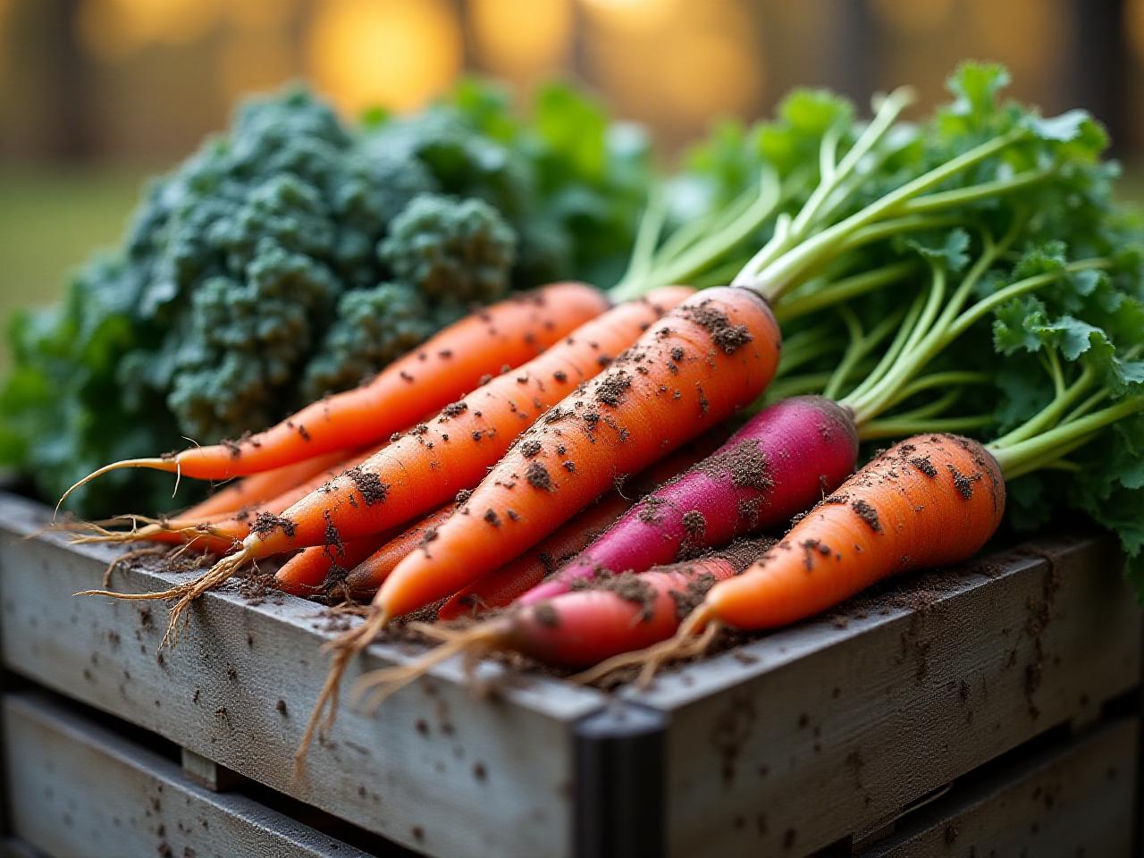 Freshly harvested organic vegetables in a wooden crate