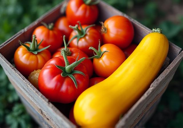 Heirloom tomatoes and yellow squash in a wooden crate